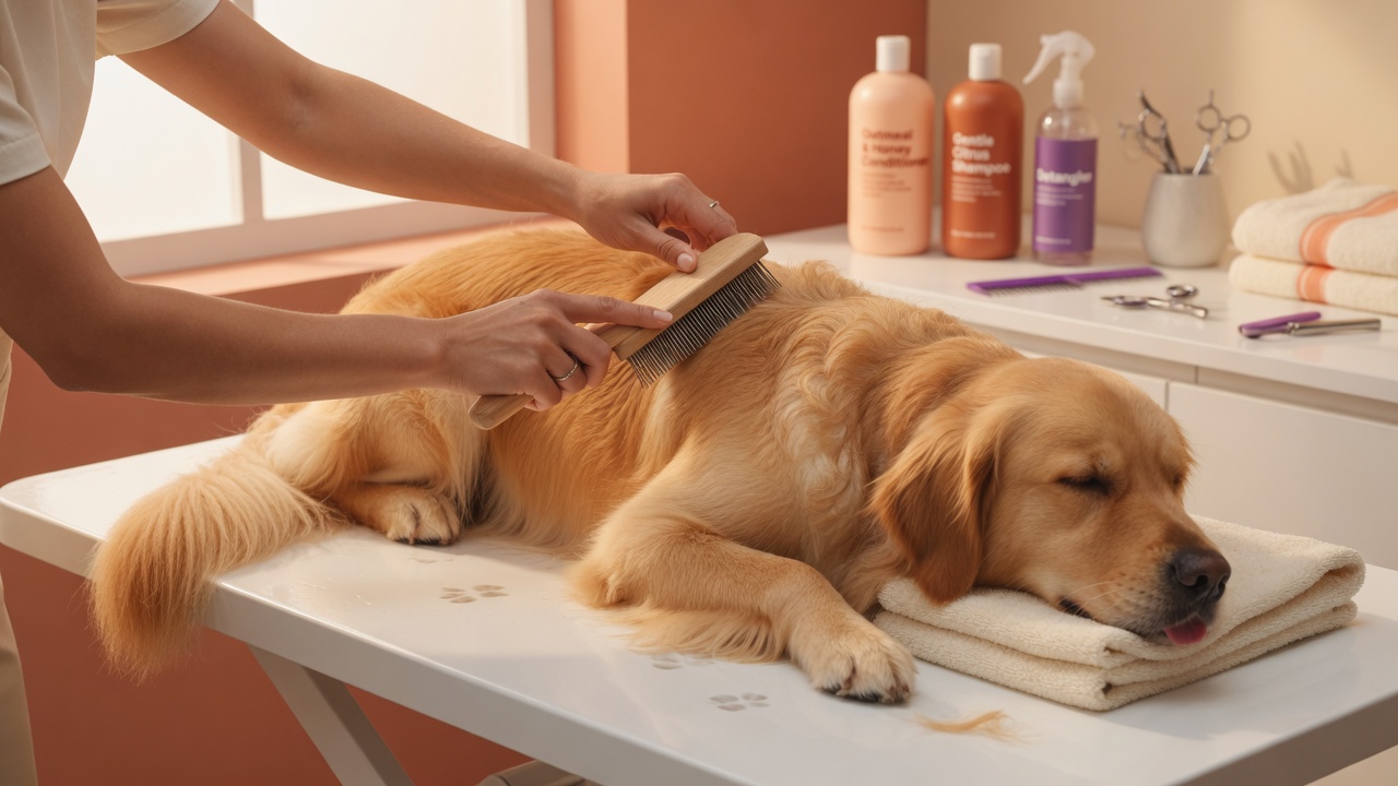 Estilista profesional cepillando a un perro en estética canina en Ciudad de México