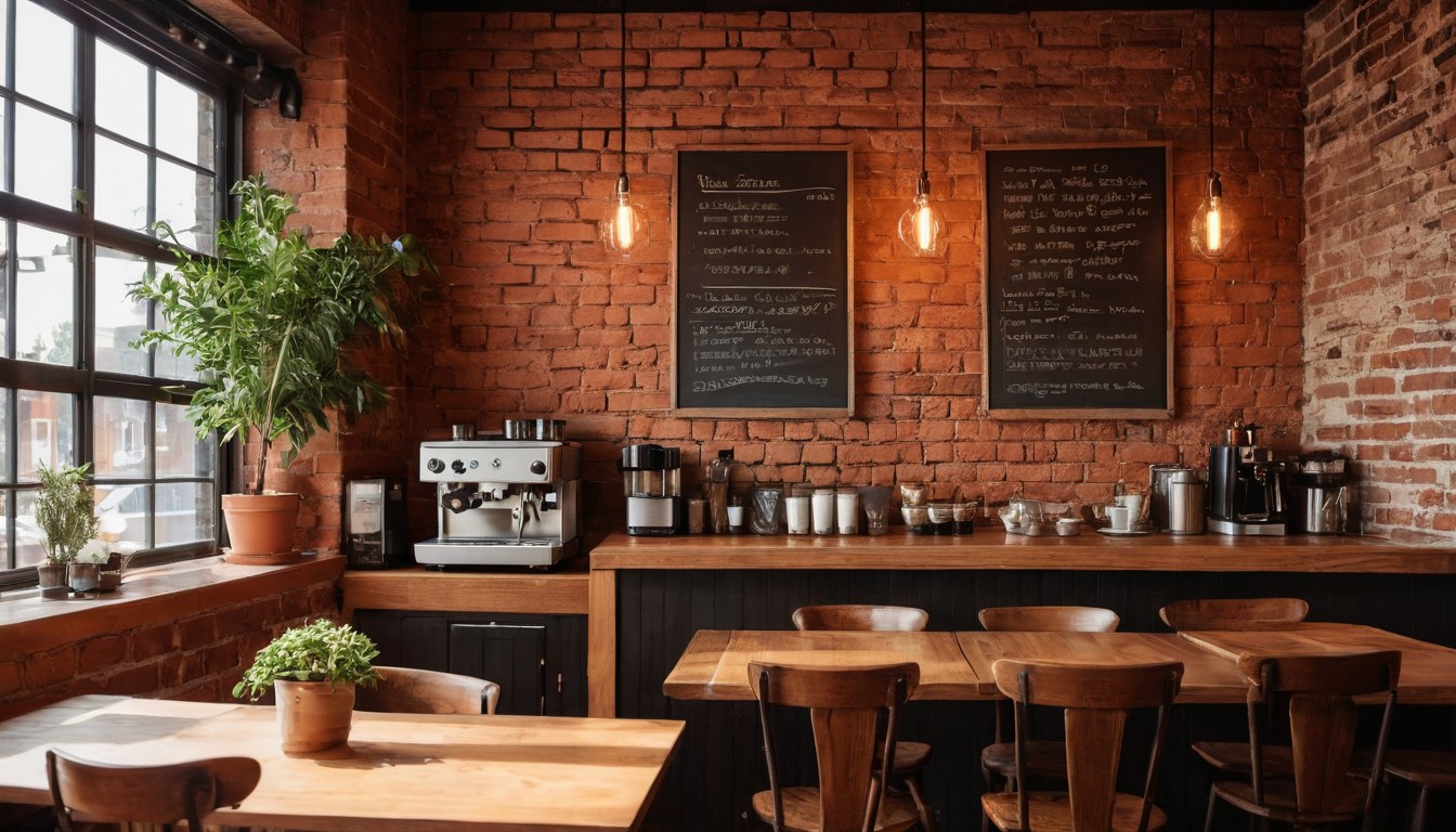 Interior de cafetería de especialidad en Ciudad de México con mesas de madera e iluminación cálida