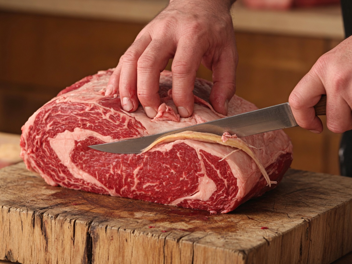 Manos de carnicero preparando un corte de carne fresca en Ciudad de México