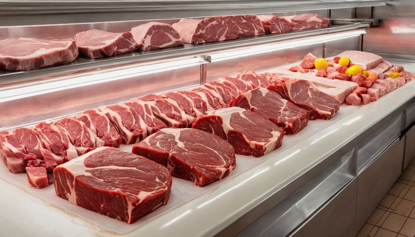 Mostrador de carnicería con cortes frescos de carne de res y cerdo en Ciudad de México