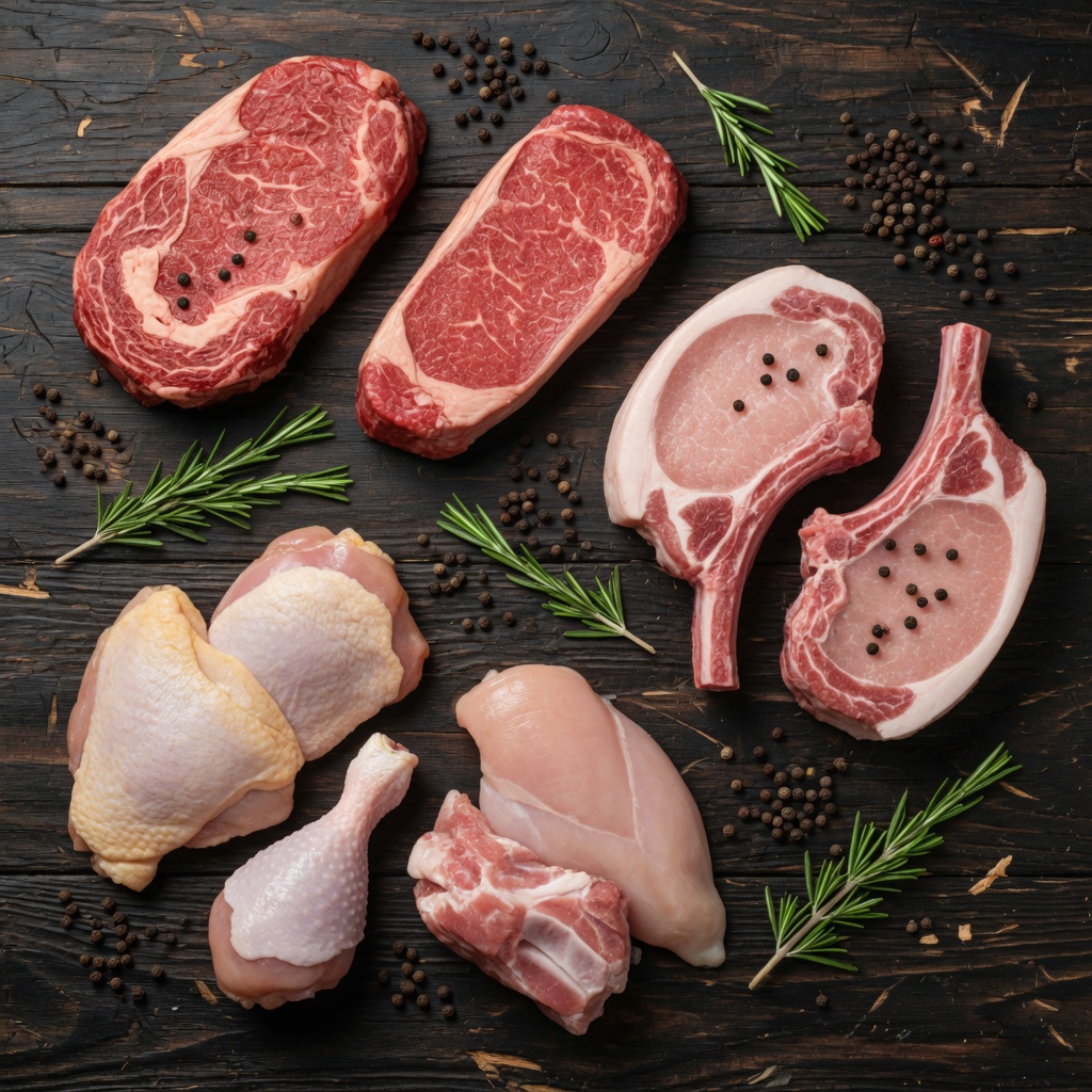 Variedad de cortes de carne fresca sobre superficie rústica