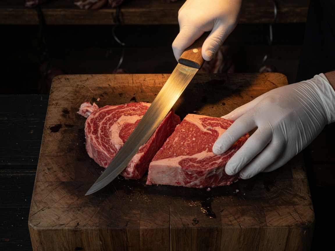 Carnicero profesional cortando carne fresca en Ciudad de México