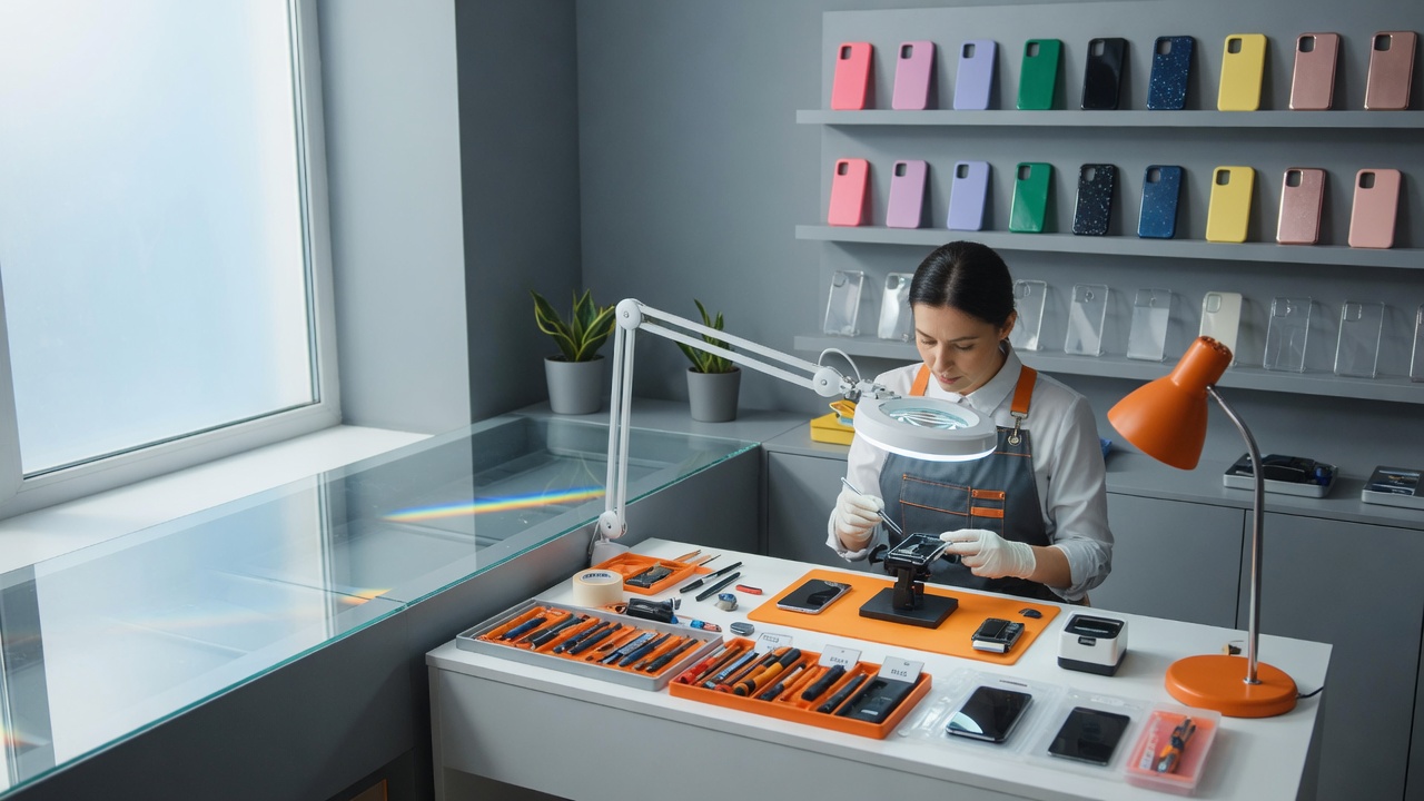 Técnico reparando un celular en tienda de Ciudad de México