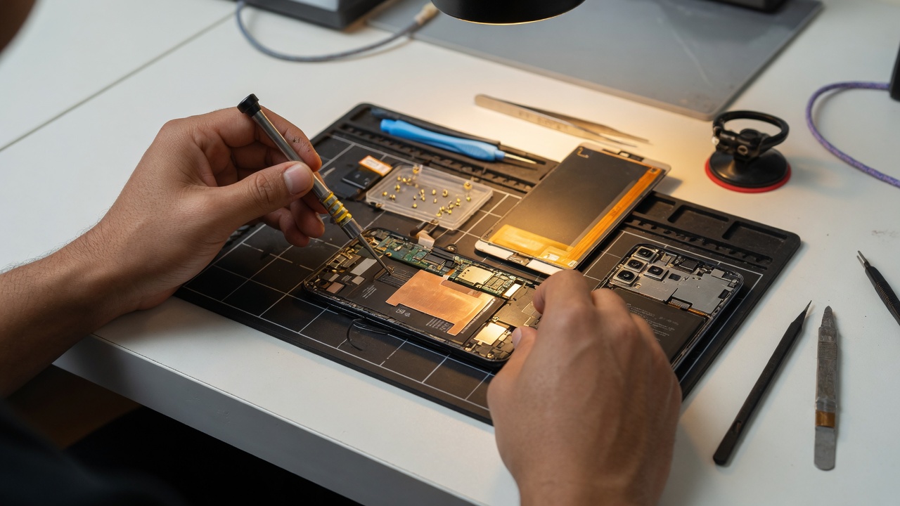 Técnico reparando un celular en un taller limpio y profesional