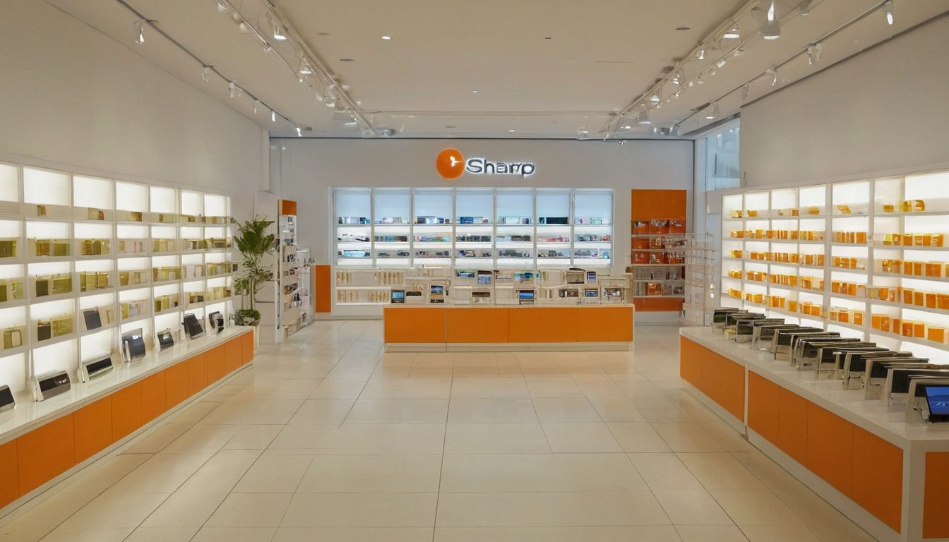 Interior de tienda de celulares y accesorios con exhibidores iluminados