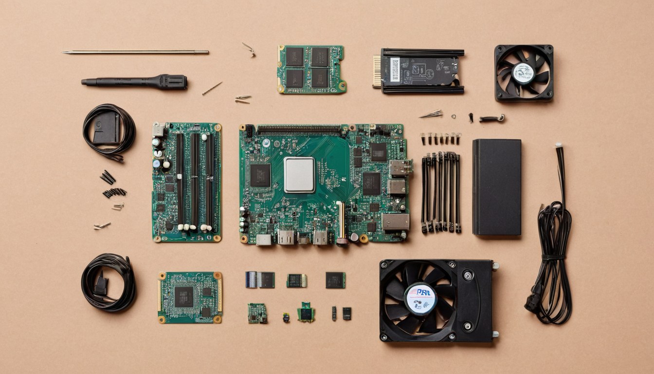 Componentes de computadora, cables y memorias ordenados sobre la mesa de trabajo