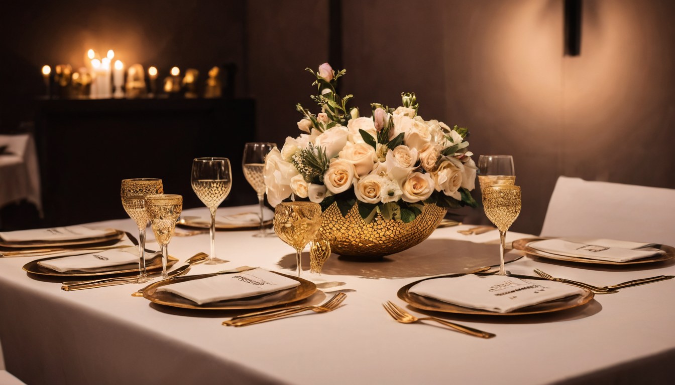 Detalle de una ambientación de evento con iluminación cálida