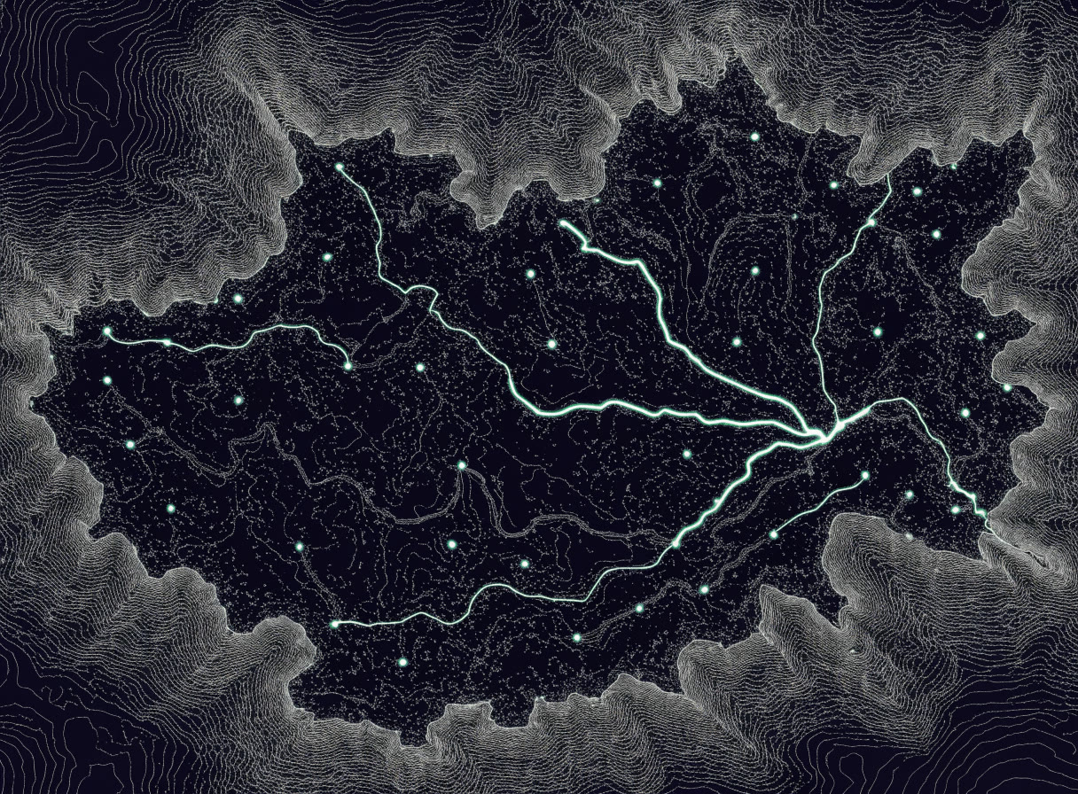 Mapa abstracto de rutas luminosas sobre una tableta oscura