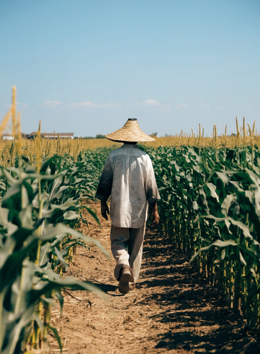 Productor caminando de espaldas entre surcos de maíz