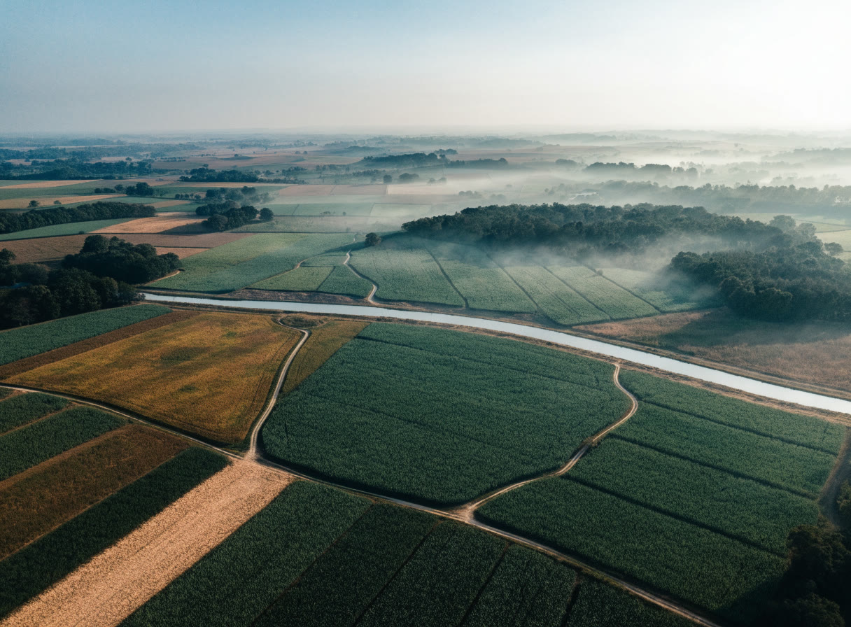 Vista aérea de parcelas de cultivo y canal de riego