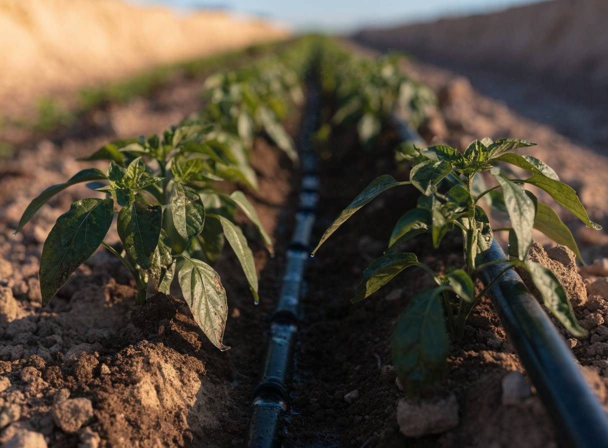 Cinta de riego por goteo junto a plantas de chile