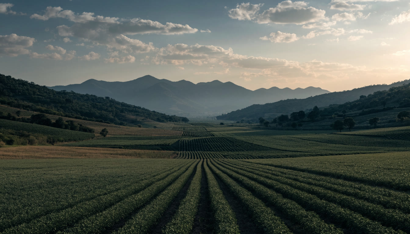 Valle agrícola con surcos verdes y montañas al atardecer