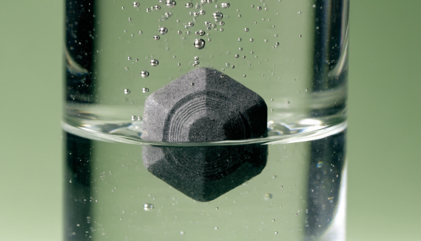 Gránulo mineral disolviéndose bajo el agua con burbujas