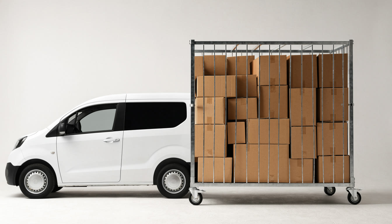Camioneta de reparto junto a una jaula con paquetes