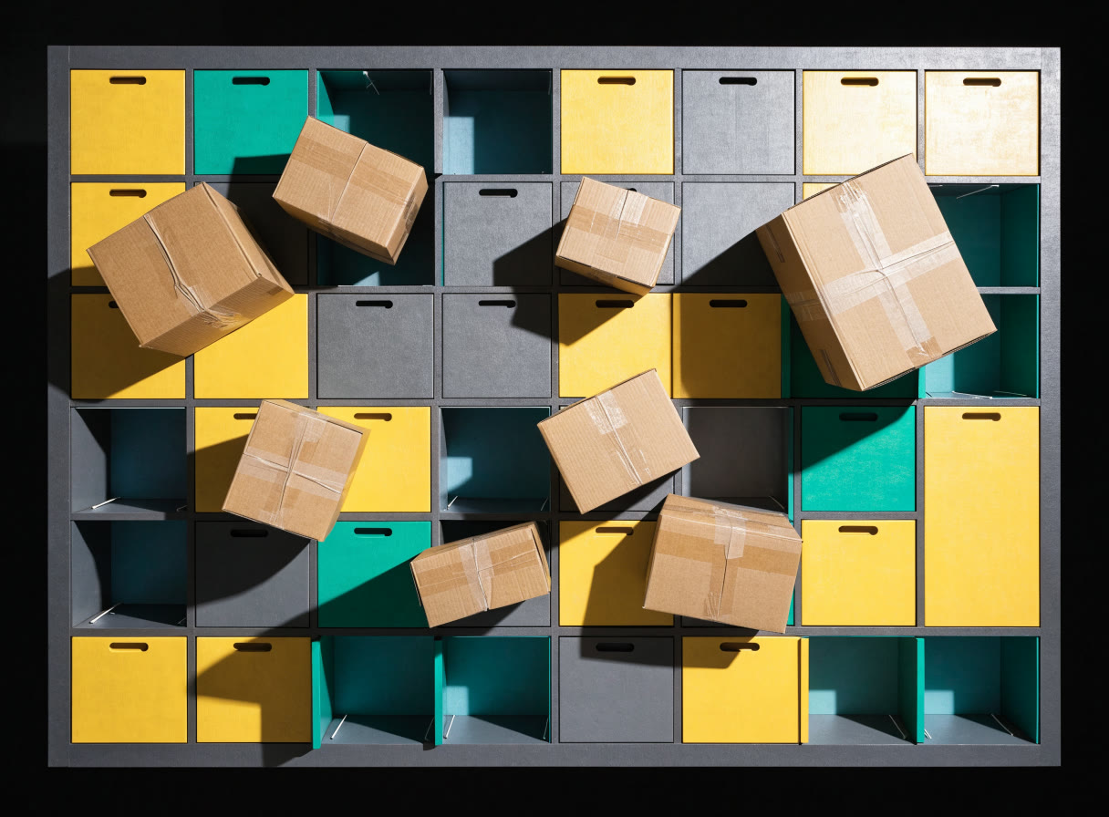 Casilleros de paquetería con cajas de cartón vistos desde arriba