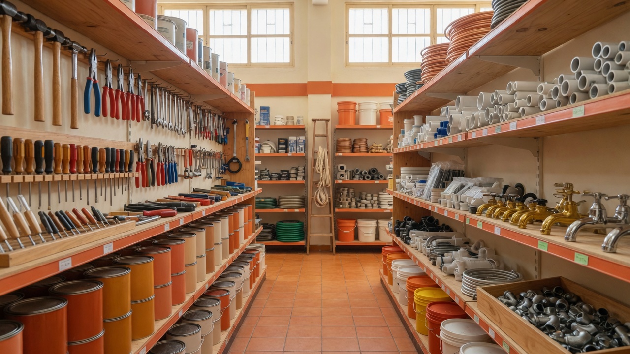 Interior de ferretería en Ciudad de México con herramientas, pintura y materiales de plomería