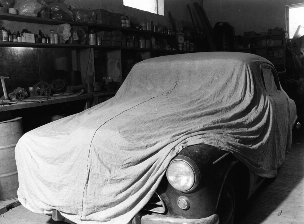 Fotografía en blanco y negro de un auto clásico cubierto en un taller