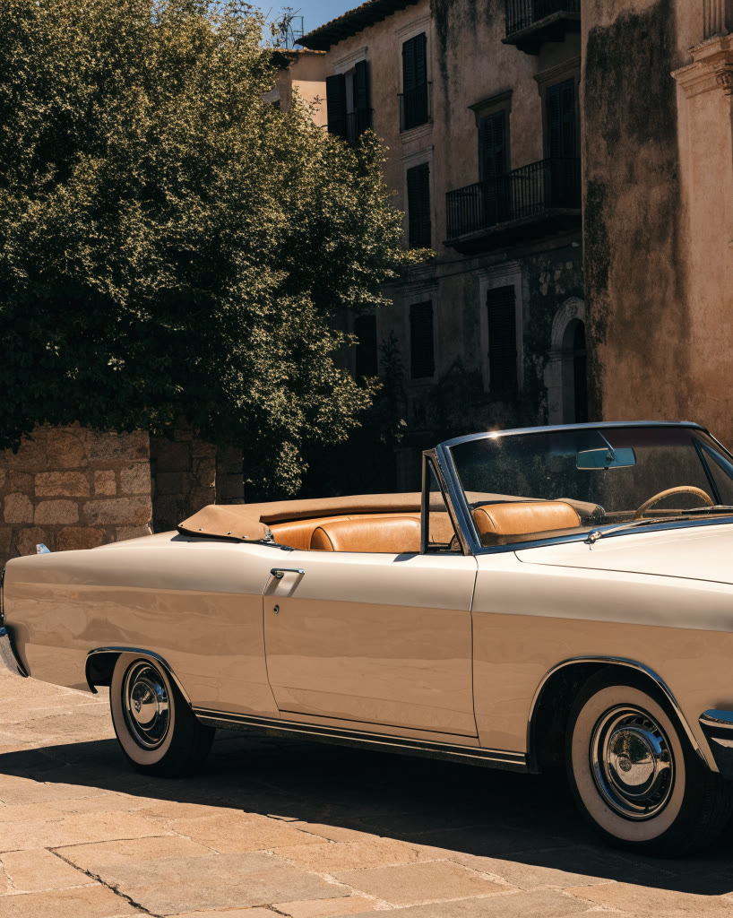 Convertible clásico color marfil con interiores claros en un patio soleado