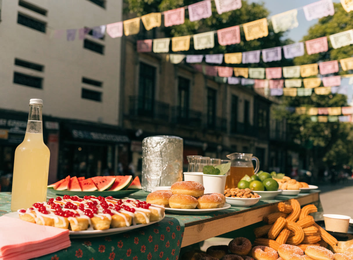 Mesa de fiesta con fruta, postres y botanas en un patio con papel picado
