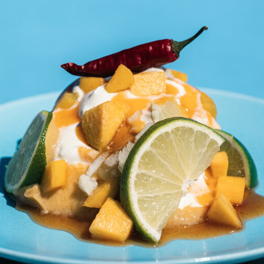 Mango con limón y chile sobre plato azul