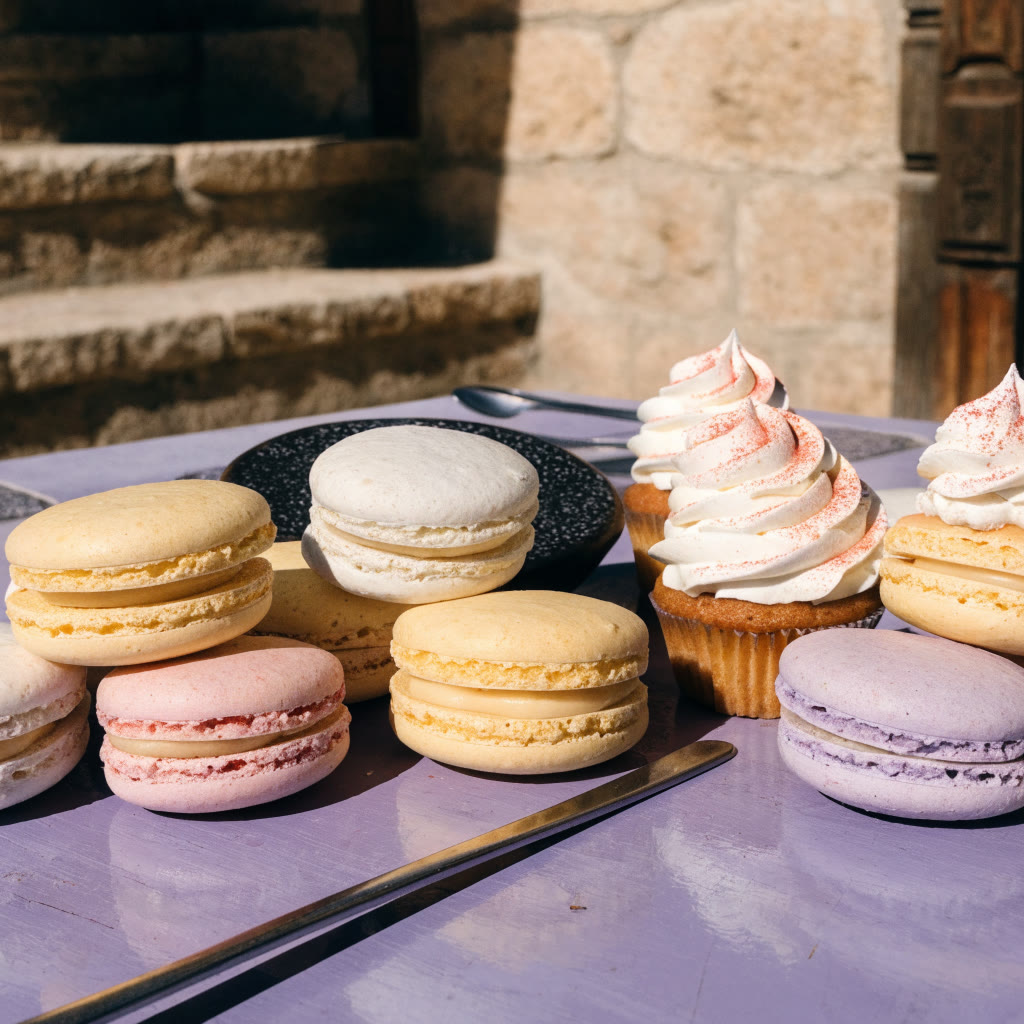 Macarons y pastelitos en tonos pastel