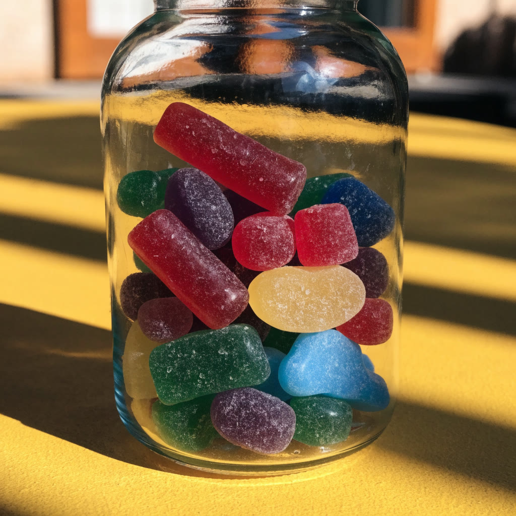 Frasco de vidrio lleno de gomitas de colores