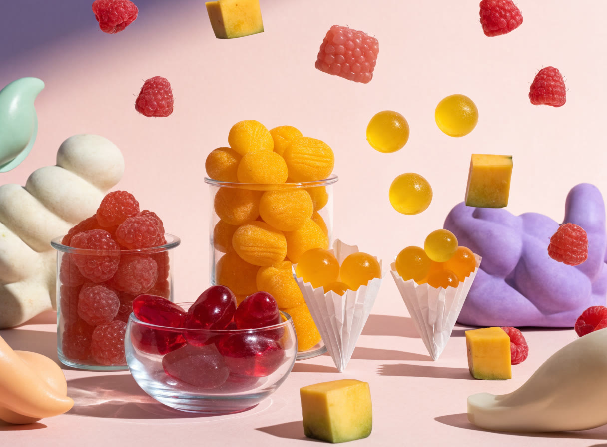 Frascos con gomitas de frutas, frambuesas y cubos de mango sobre un set rosa