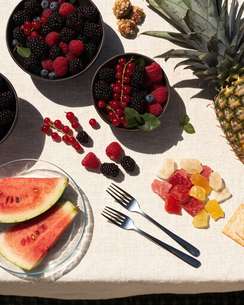 Mesa vista desde arriba con sandía, piña, frutos rojos y gomitas