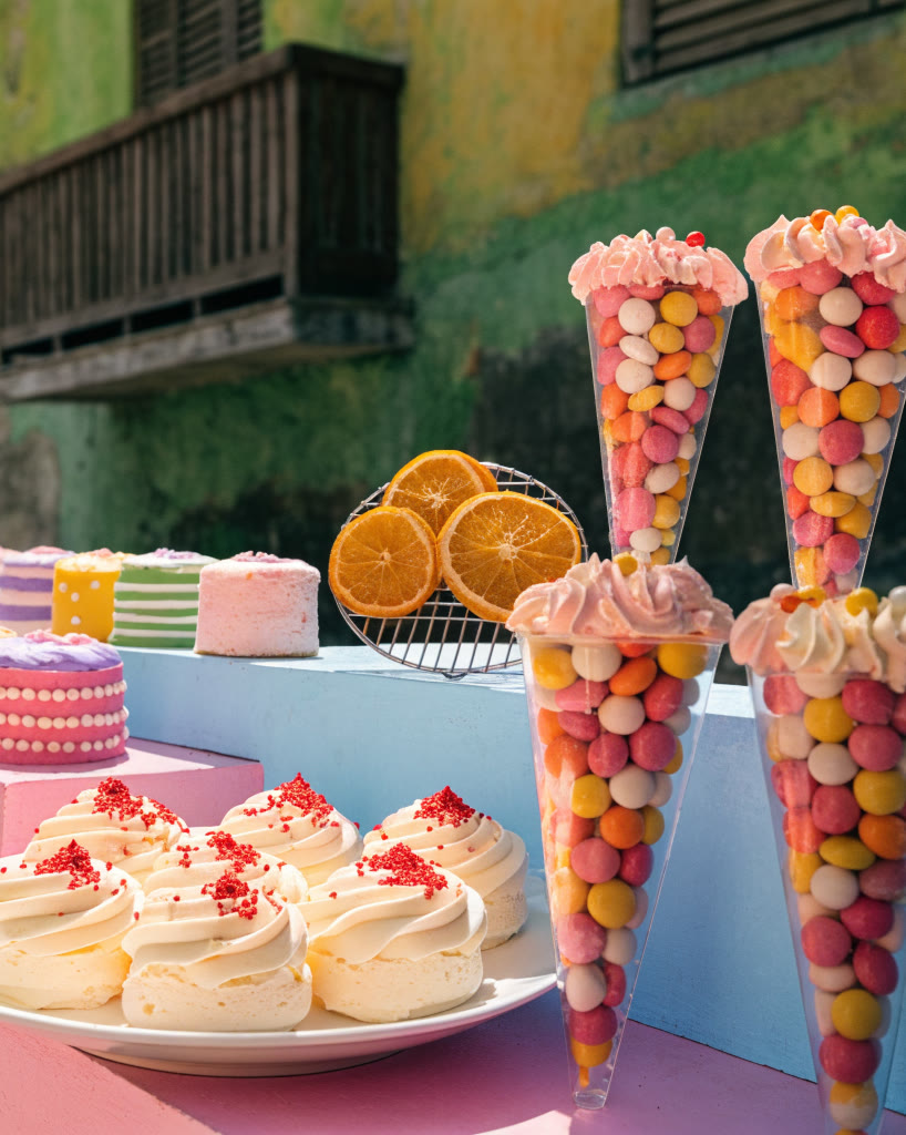 Conos de dulces, rodajas de naranja y pastelitos en bases pastel