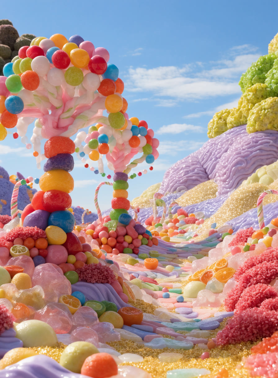 Paisaje de colinas hechas de dulces de colores