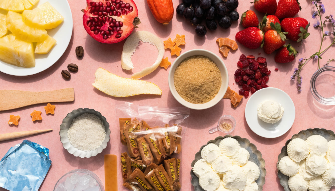 Fruta, dulces, cucharas y charolas acomodados sobre papel rosa