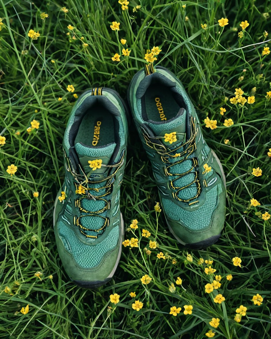 Tenis de montaña verdes sobre pasto con flores amarillas