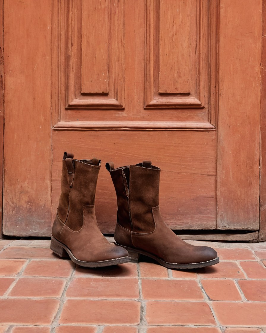 Botines de gamuza sobre una banqueta de barro frente a una puerta de madera