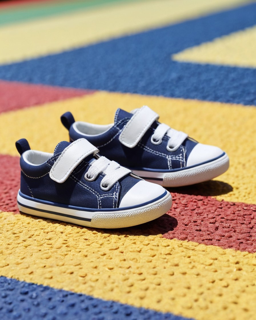 Tenis infantiles azul marino sobre el piso de un parque