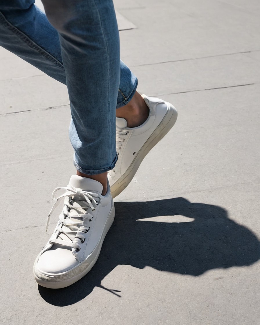 Tenis claros sobre el pavimento de la ciudad con sombras marcadas