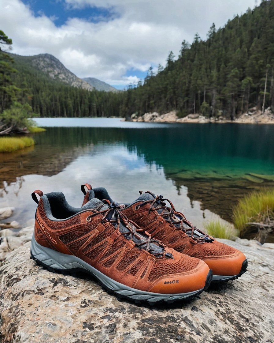 Tenis de montaña sobre un camino de piedra junto a un lago