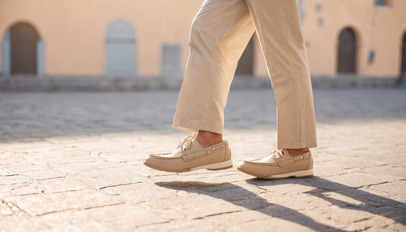 Pies con zapatos de piel cruzando una plaza soleada de la ciudad