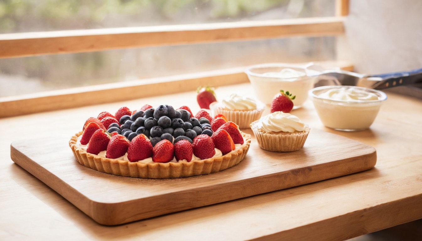 Tarta de frutas recién armada sobre la mesa de trabajo de una repostería en Ciudad de México