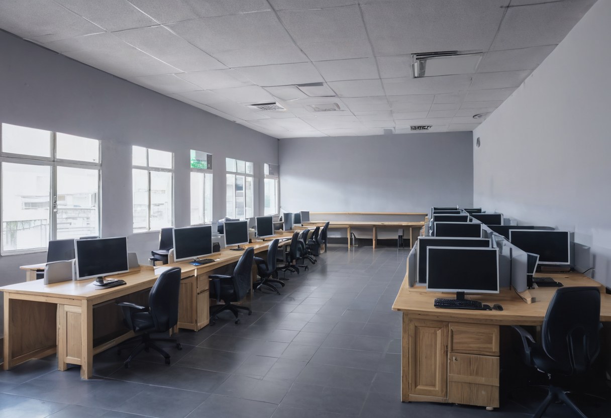 Salón de ciber con escritorios ordenados y luz de día