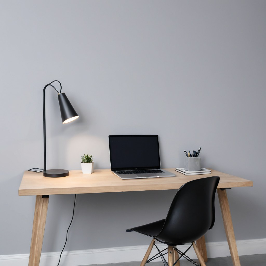 Mesa de trabajo con laptop cerrada y lámpara