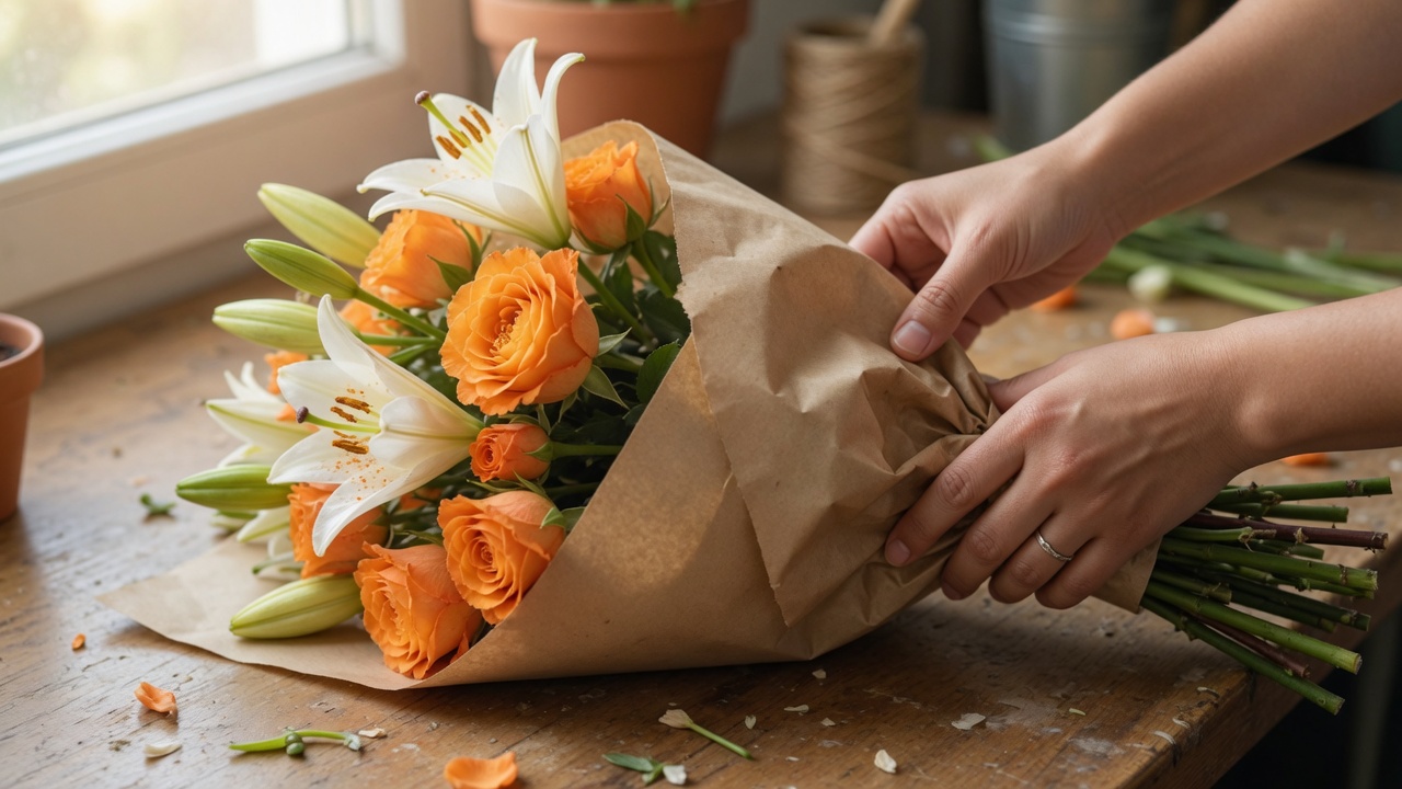 Manos de florista armando un ramo de flores frescas