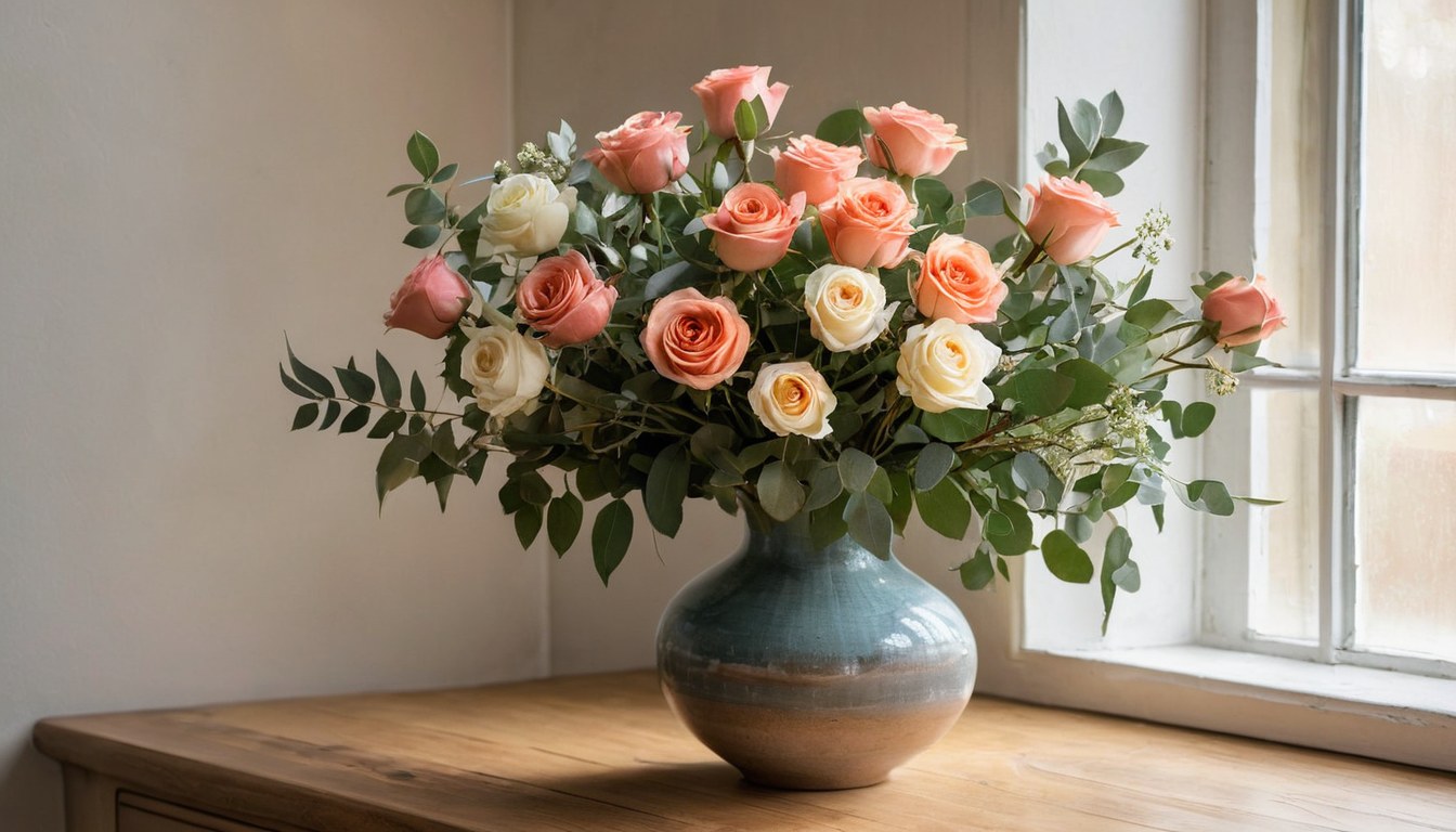 Ramo de flores frescas con rosas y follaje sobre mostrador