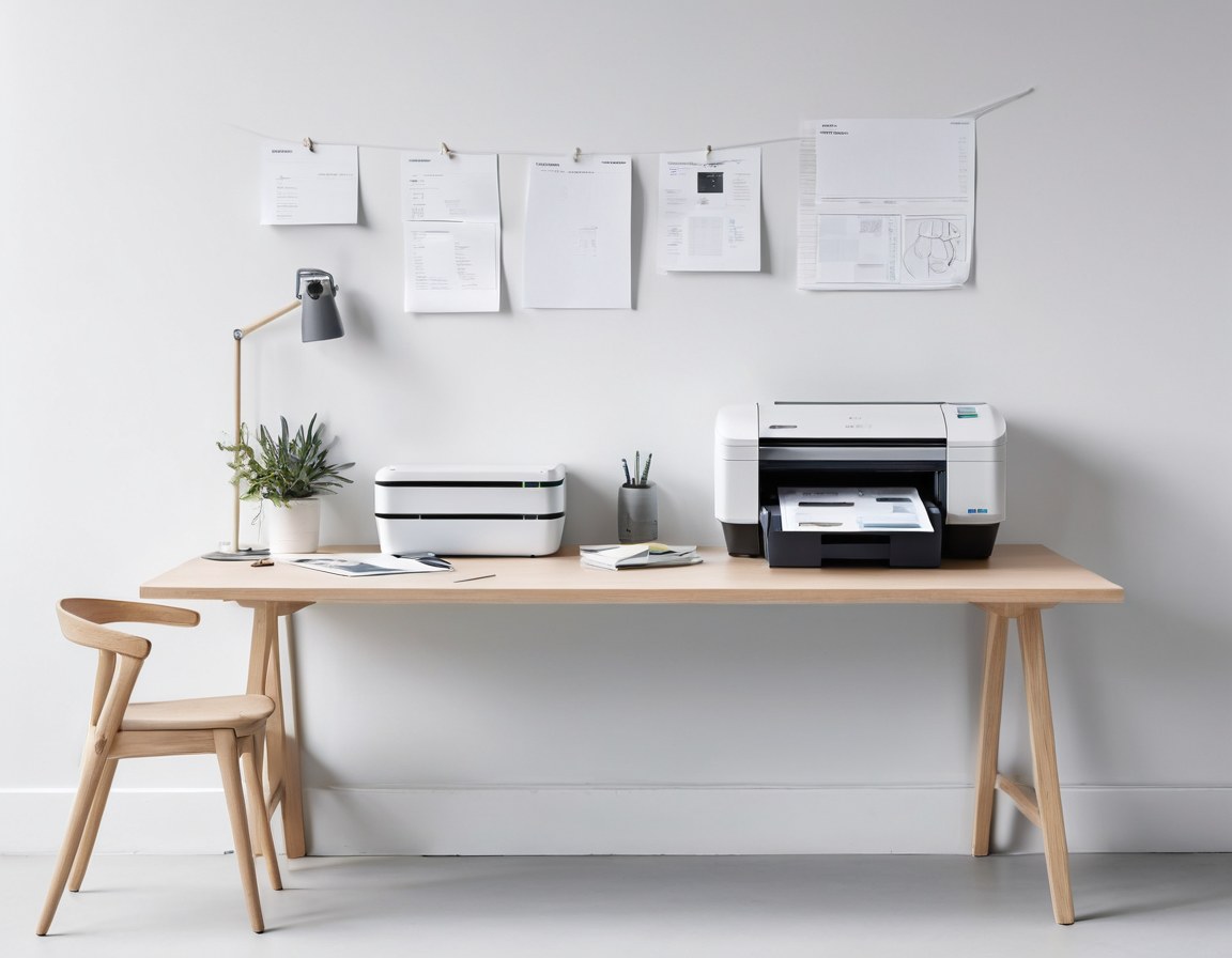Escritorio compartido con impresora, escáner y cables ordenados