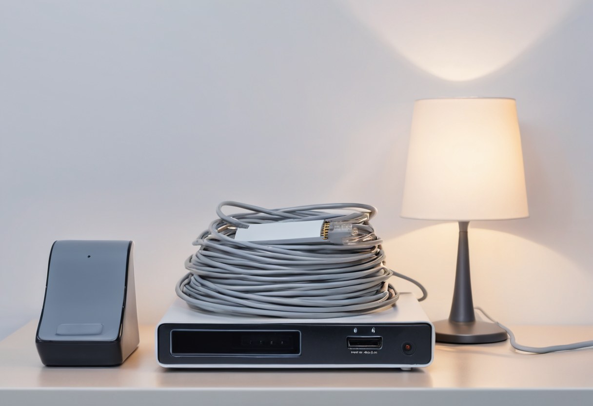 Mostrador con cables de red, hojas en blanco y una lámpara