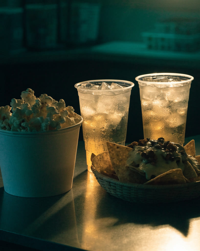 Palomitas, refrescos con hielo y nachos en la barra