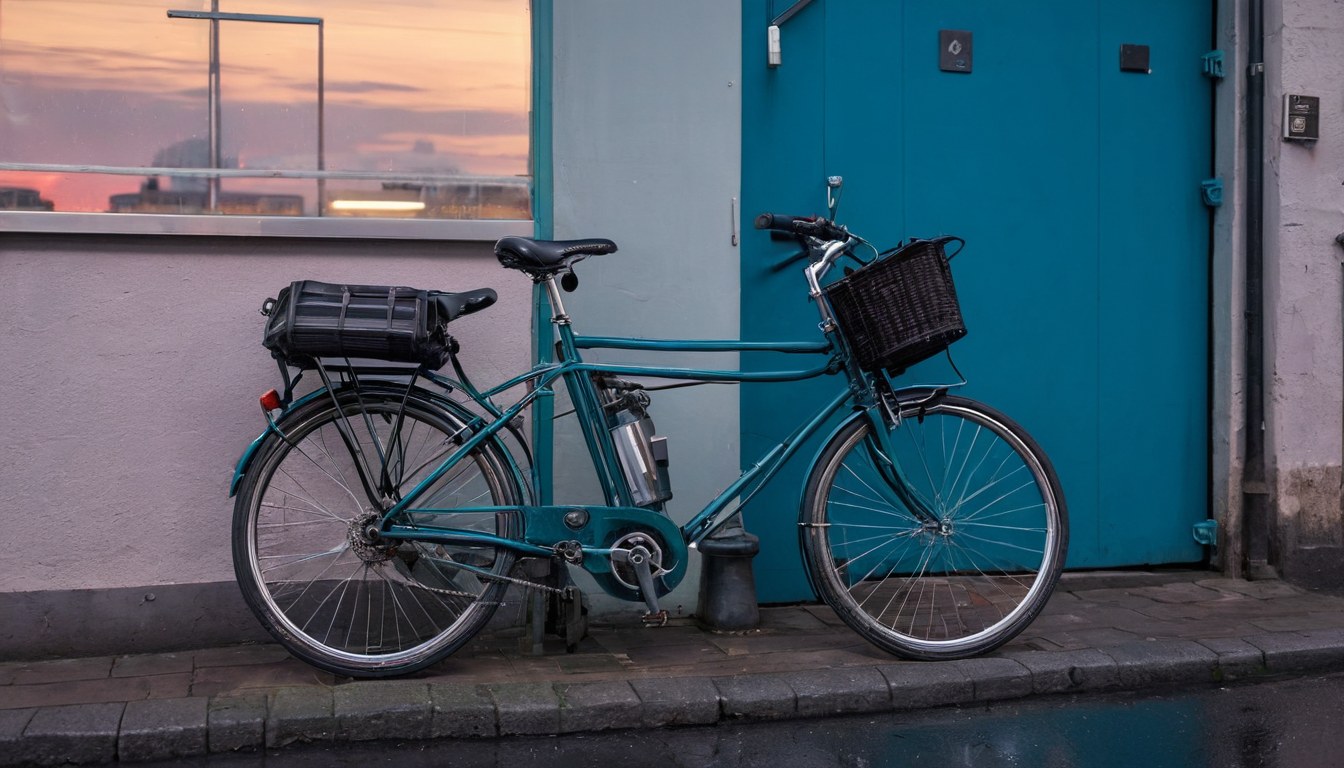 Bicicleta urbana estacionada junto a la puerta azul del taller