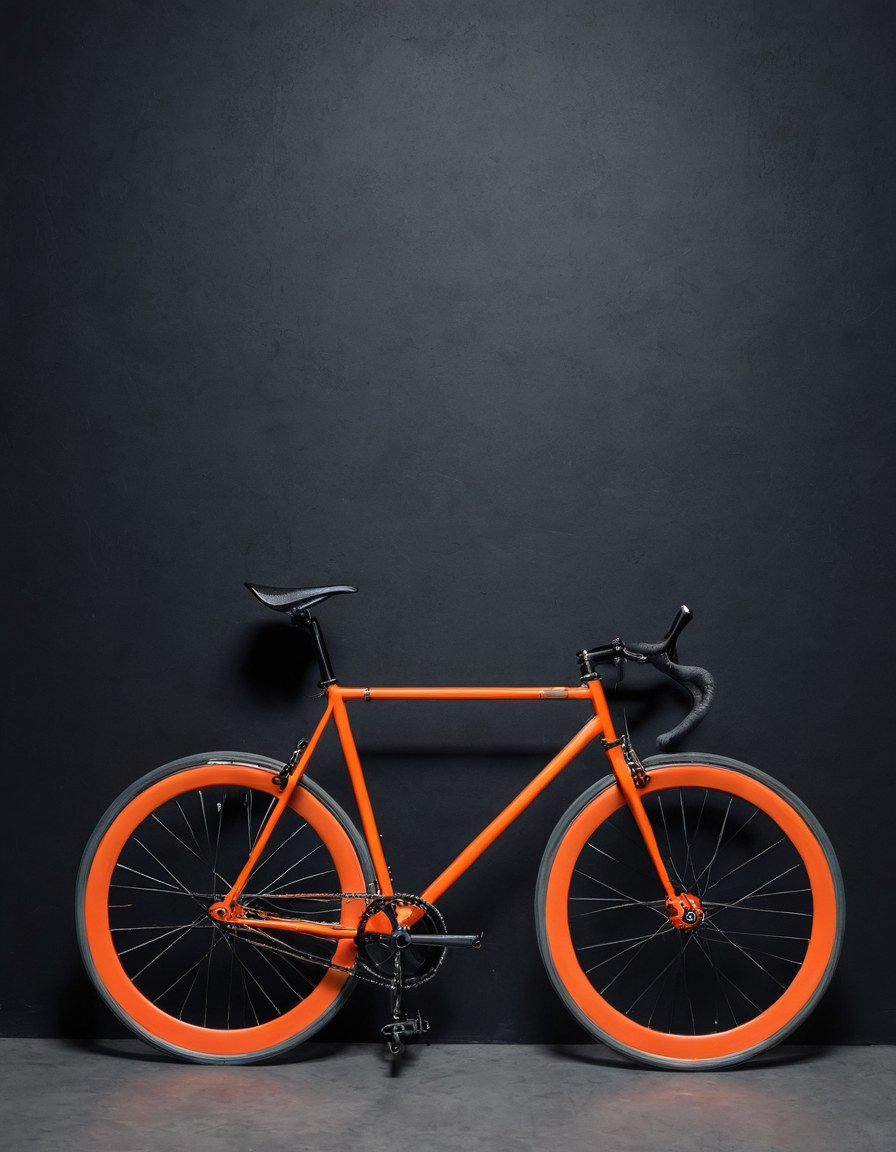 Bicicleta urbana naranja colgada en el muro del taller