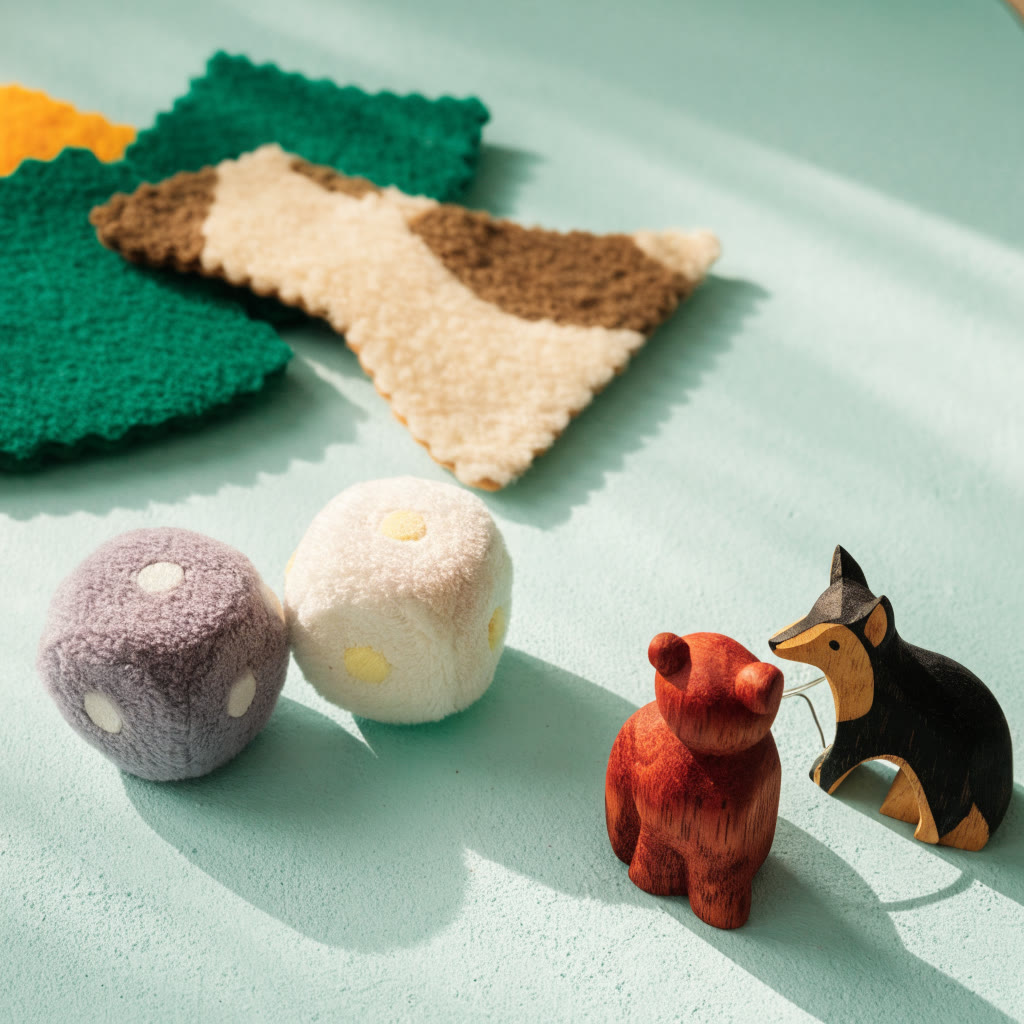 Figuras de fieltro, dados suaves y animales de madera para emparejar