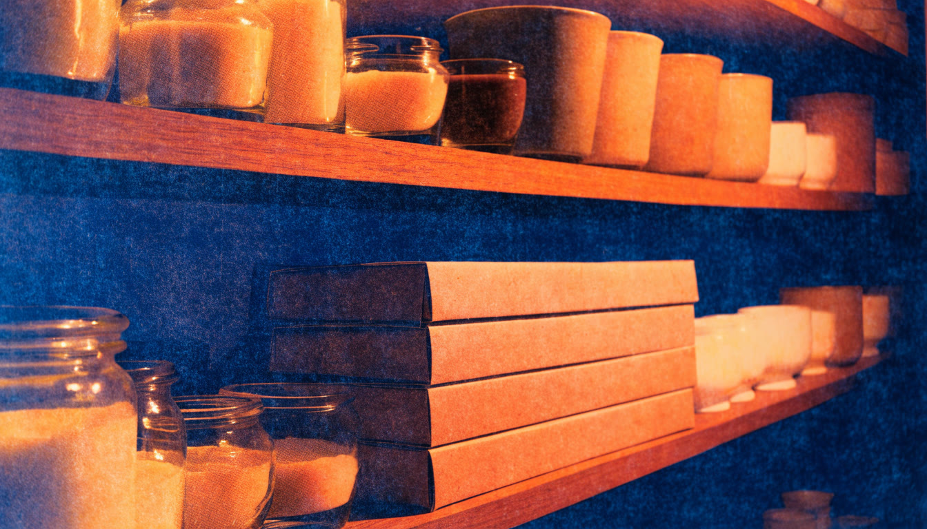 Repisa con velas en frascos y cajas de papel bajo luz cálida
