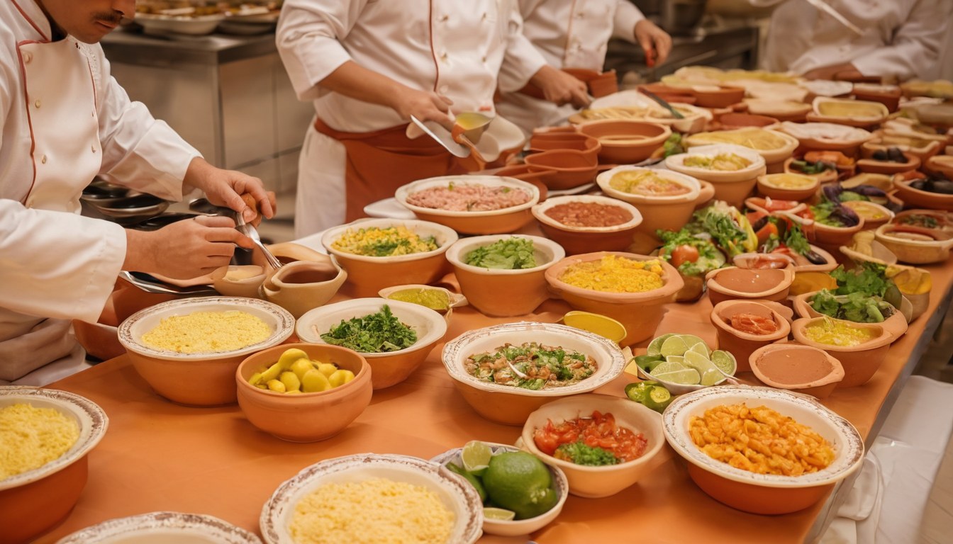 Preparación profesional de platillos para un banquete